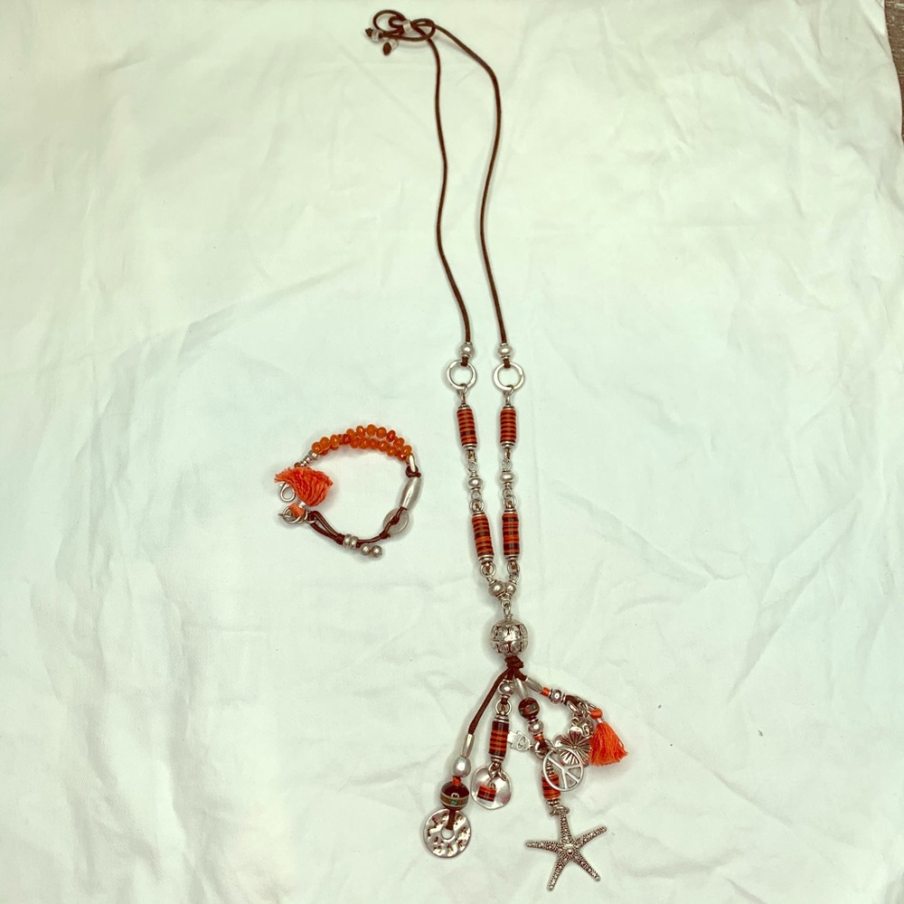 Brown and orange necklace and bracelet